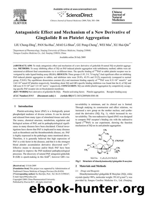 Antagonistic Effect and Mechanism of a New Derivative of Gingkolide B on Platelet Aggregation by Cheng-Ding LIU; Su-Hua PAN; Li-Shun MAO; Peng-Cheng GU; Min WEI; Hui-Qin XU
