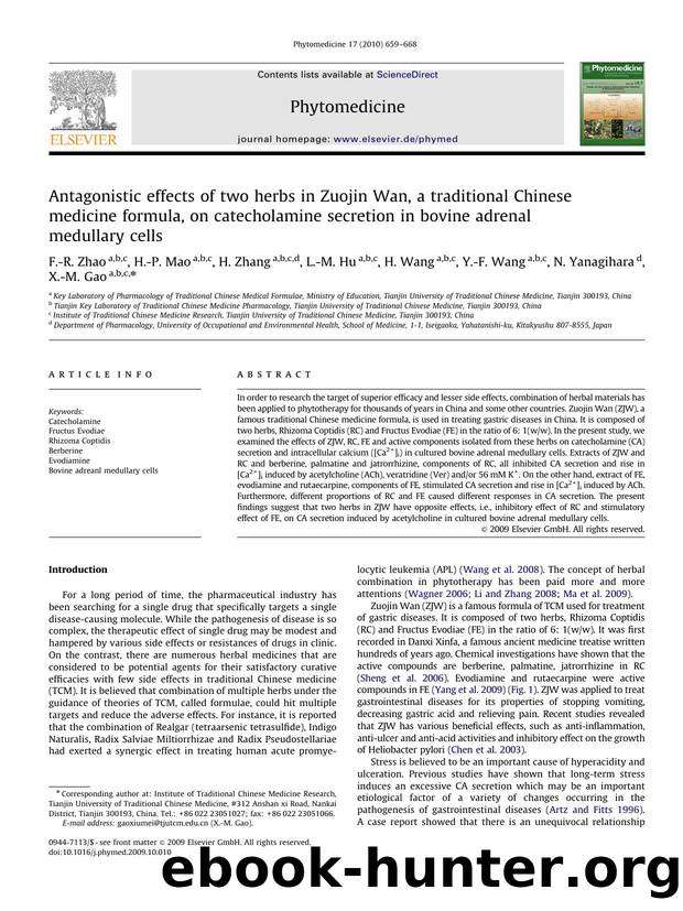 Antagonistic effects of two herbs in Zuojin Wan, a traditional Chinese medicine formula, on catecholamine secretion in bovine adrenal medullary cells by F.-R. Zhao; H.-P. Mao; H. Zhang; L.-M. Hu; H. Wang; Y.-F. Wang; N. Yanagihara; X.-M. Gao