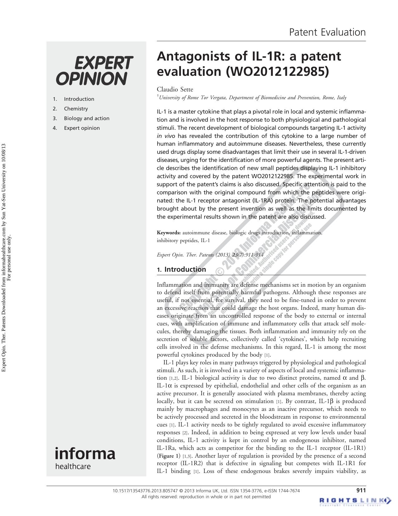 Antagonists of IL-1R: a patent evaluation (WO2012122985) by Claudio Sette