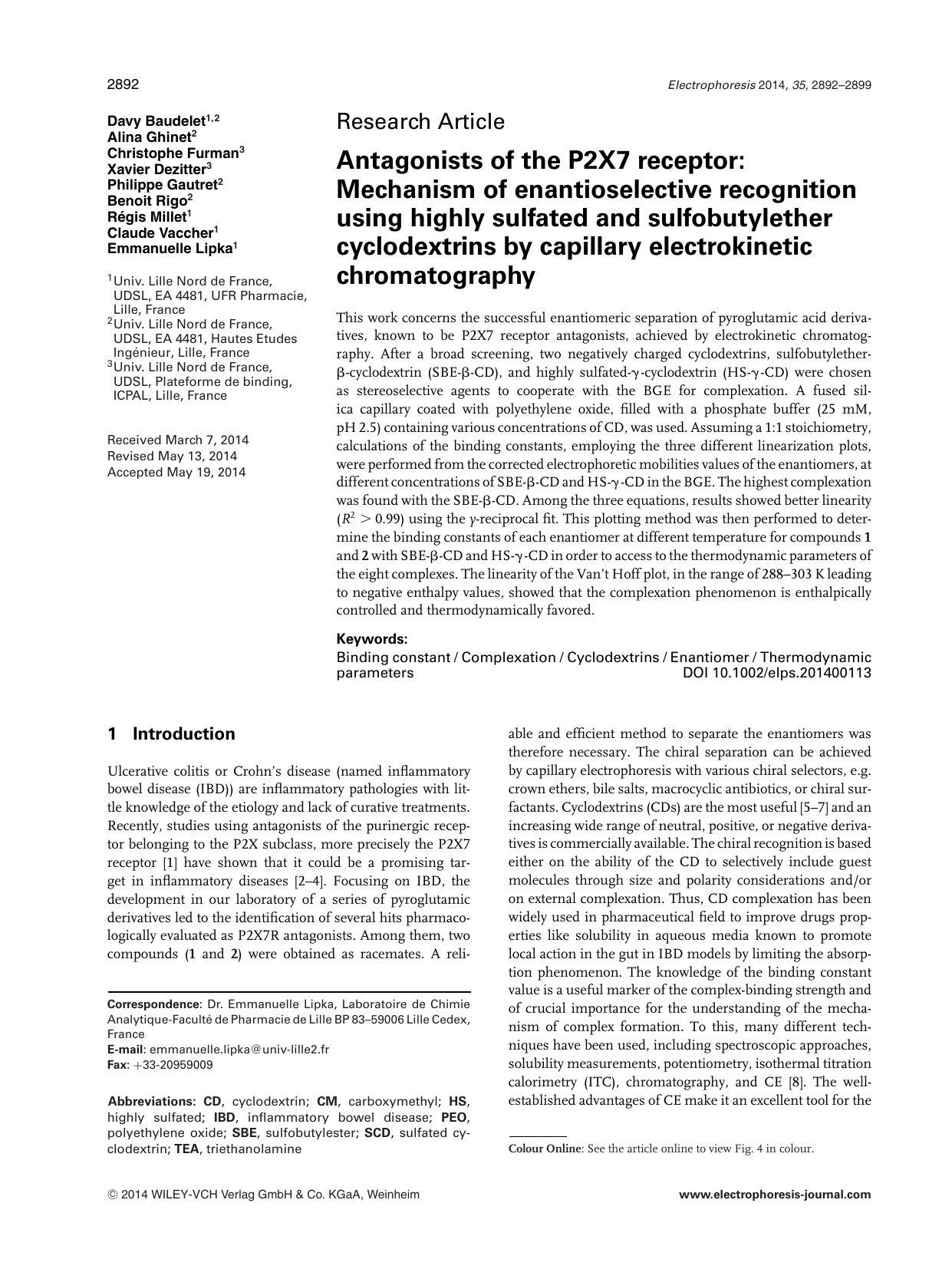 Antagonists of the <fc>P<fc>2X7 receptor: Mechanism of enantioselective recognition using highly sulfated and sulfobutylether cyclodextrins by capillary electrokinetic chromatography by Unknown