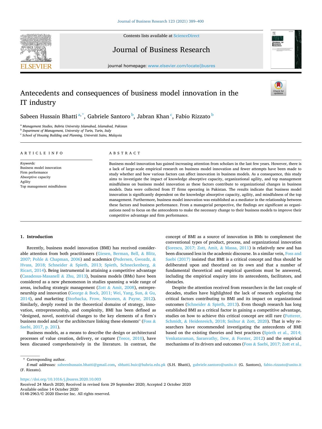 Antecedents and consequences of business model innovation in the IT industry by Sabeen Hussain Bhatti