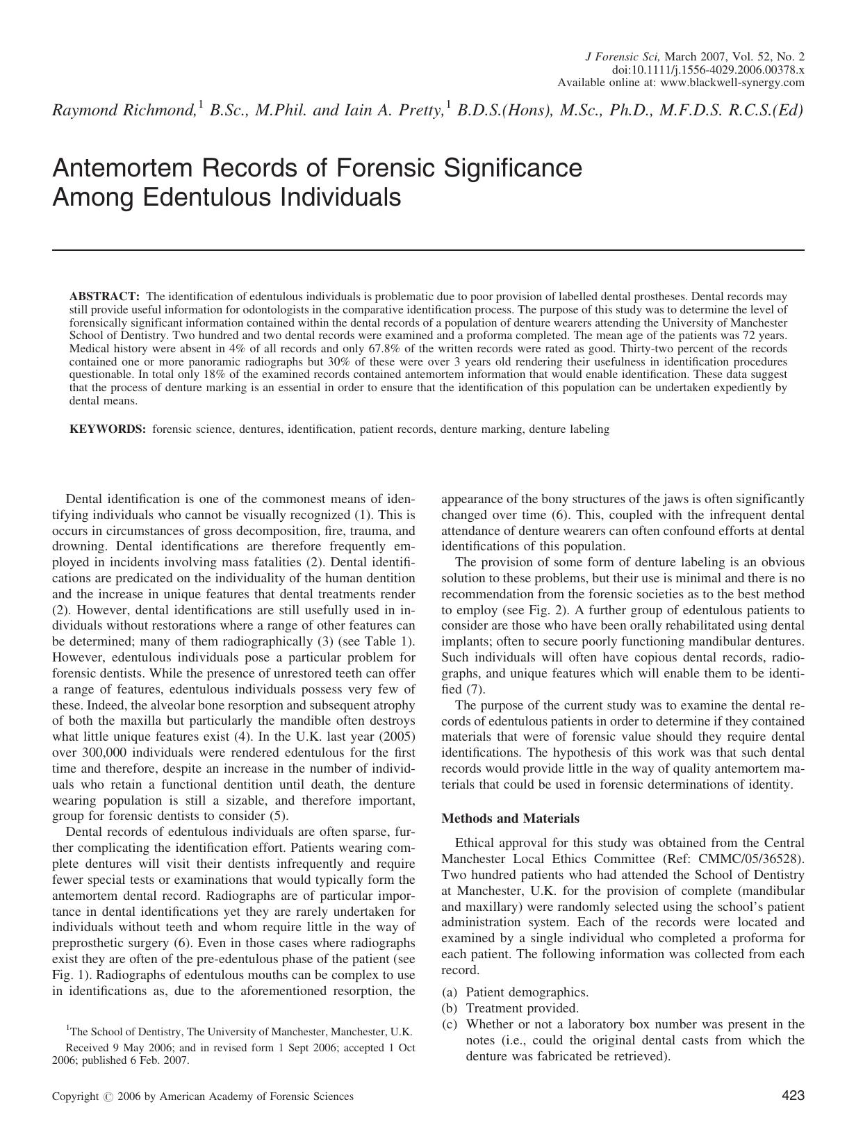 Antemortem Records of Forensic Significance Among Edentulous Individuals by Unknown