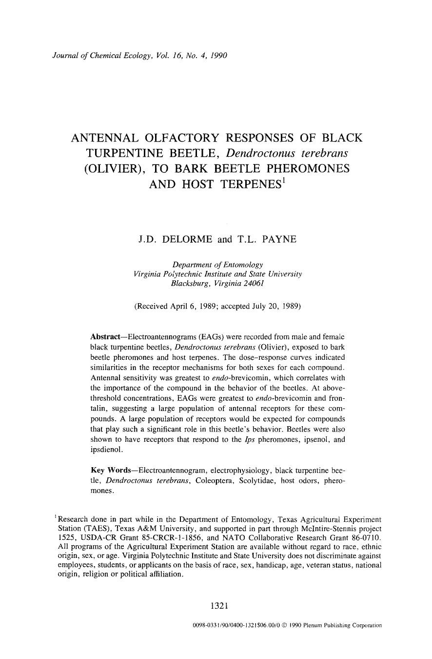 Antennal olfactory responses of black turpentine beetle, <Emphasis Type="Italic">Dendroctonus terebrans <Emphasis> (Olivier), to bark beetle pheromones and host terpenes by Unknown