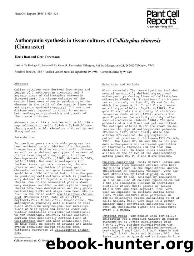 Anthocyanin synthesis in tissue cultures of <Emphasis Type="Italic">Callistephus chinensis<Emphasis> (China aster) by Unknown