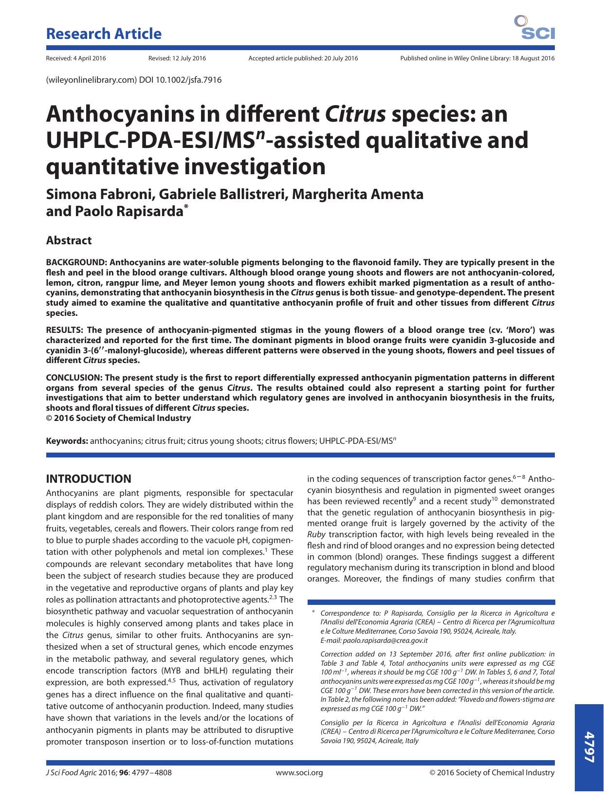 Anthocyanins in different Citrus species: an UHPLC-PDA-ESIMSn-assisted qualitative and quantitative investigation by Unknown