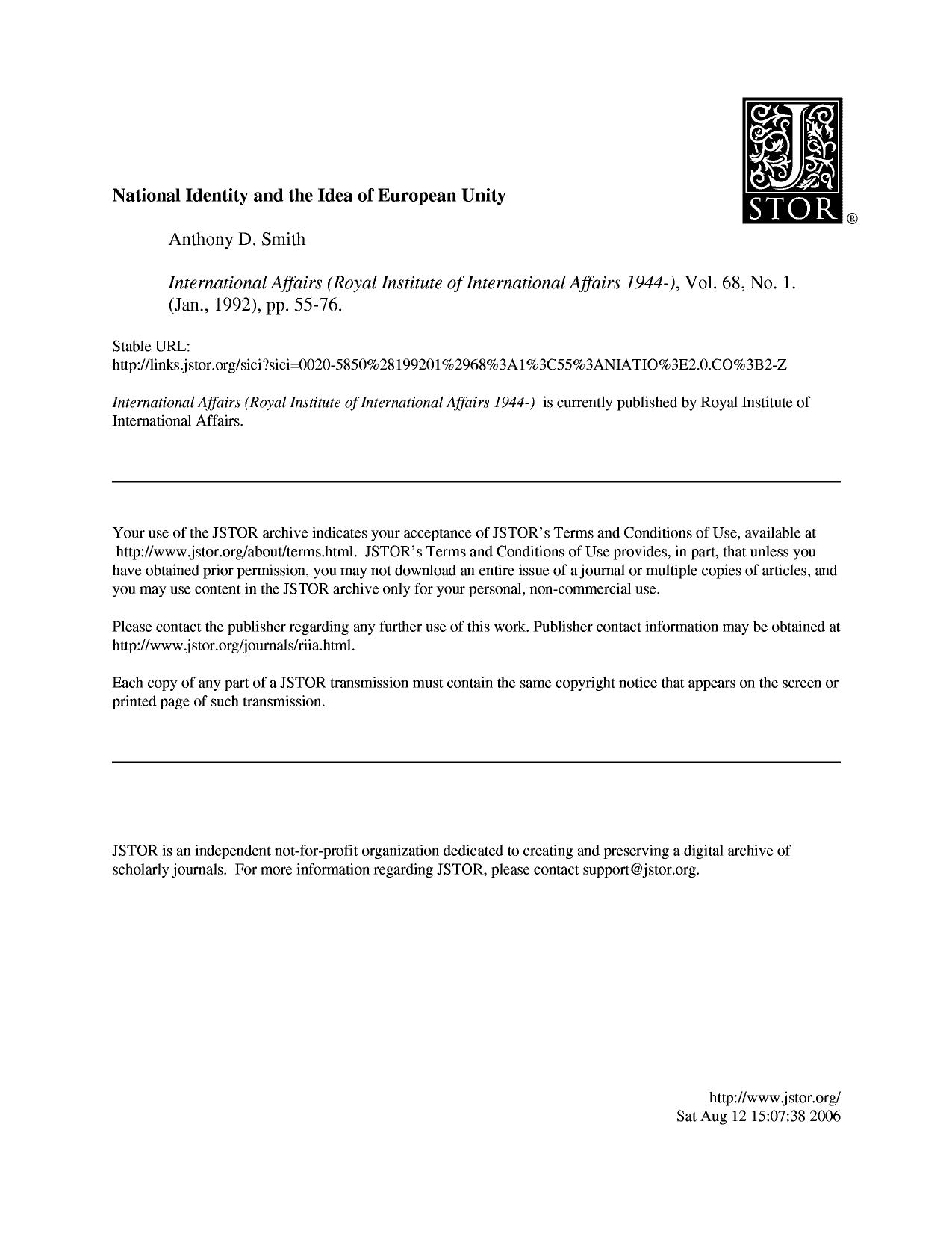 Anthony D. Smith by National Identity & the Idea of European Unity (in National Identities & 'Europe')