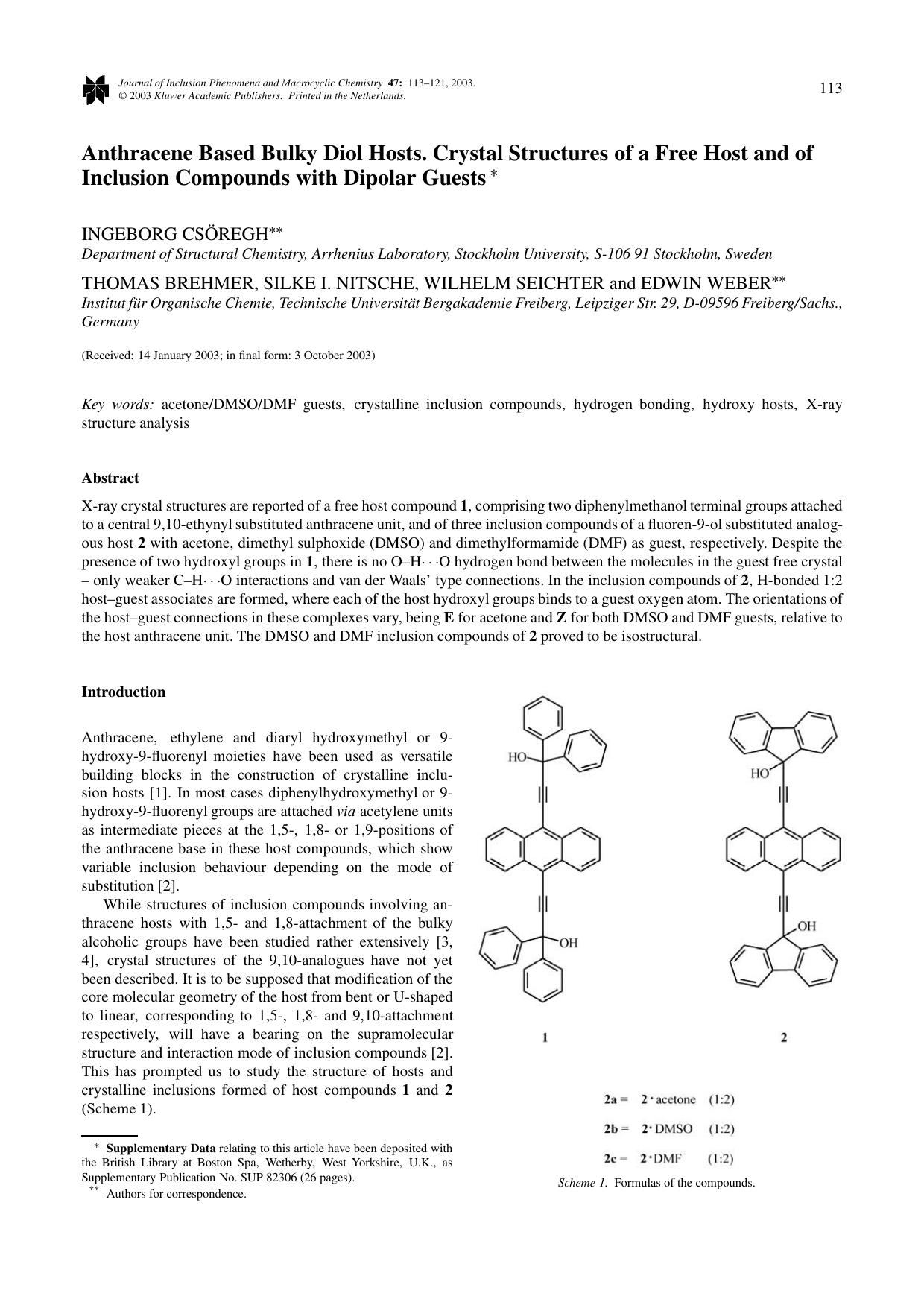Anthracene Based Bulky Diol Hosts. Crystal Structures of a Free Host and of Inclusion Compounds with Dipolar Guests by Unknown