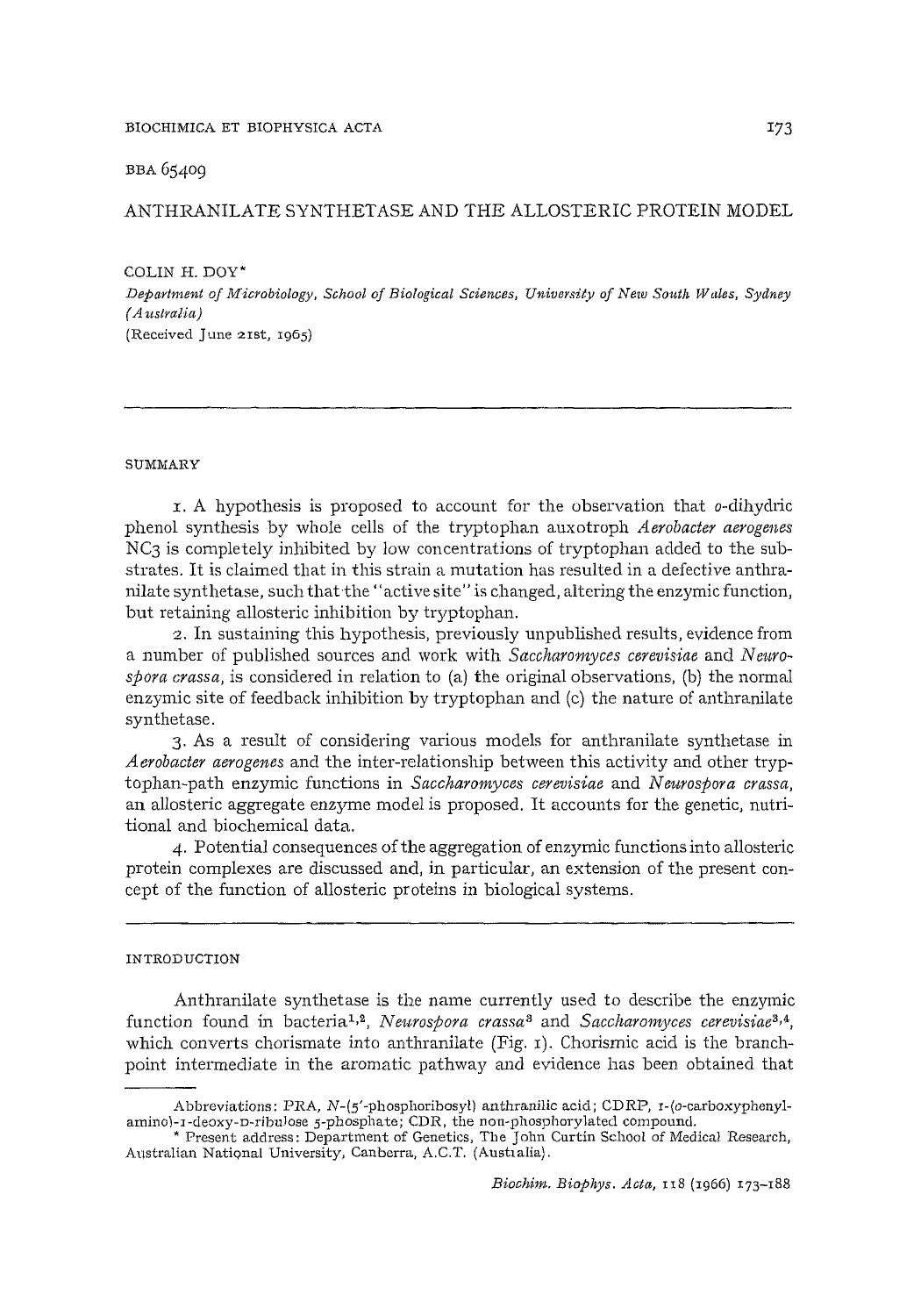 Anthranilate synthetase and the allosteric protein model by Colin H. Doy