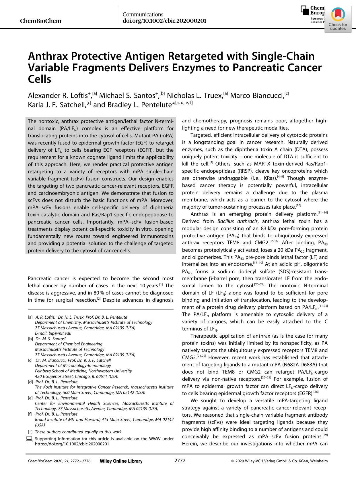 Anthrax Protective Antigen Retargeted with SingleâChain Variable Fragments Delivers Enzymes to Pancreatic Cancer Cells by Unknown
