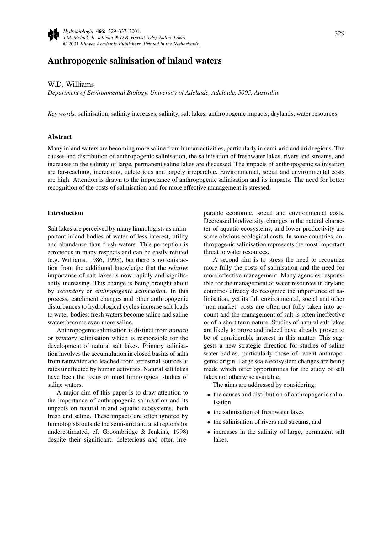 Anthropogenic salinisation of inland waters by Williams W.D