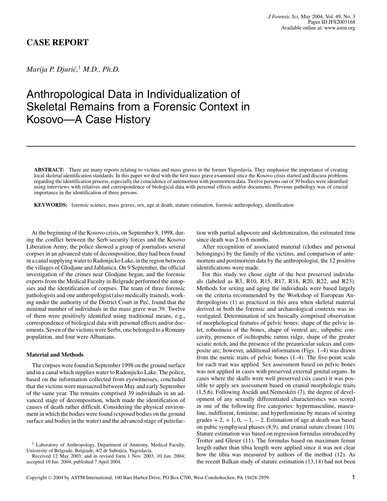 Anthropological Data in Individualization of Skeletal Remains from a Forensic Context in Kosovo--A Case History by Djuric MP