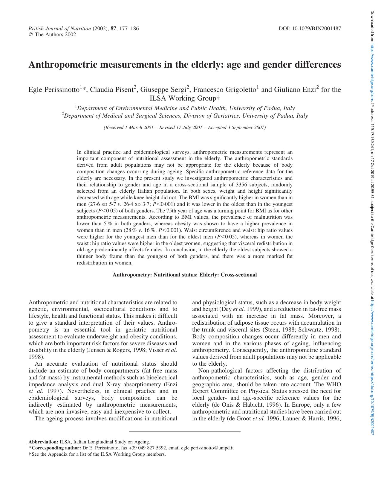 Anthropometric measurements in the elderly: age and gender differences by Egle Perissinotto Claudia Pisent Giuseppe Sergi Francesco Grigoletto Giuliano Enzi