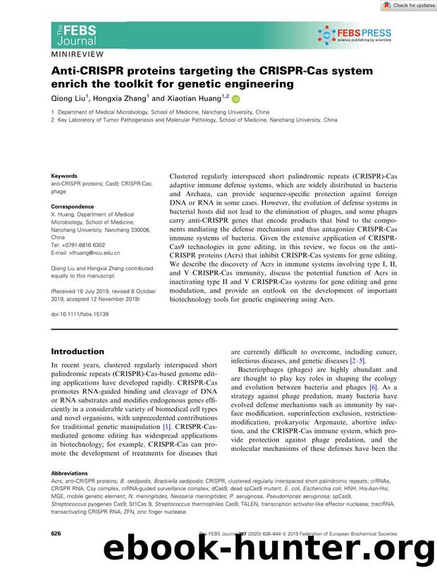 AntiâCRISPR proteins targeting the CRISPRâCas system enrich the toolkit for genetic engineering by Unknown