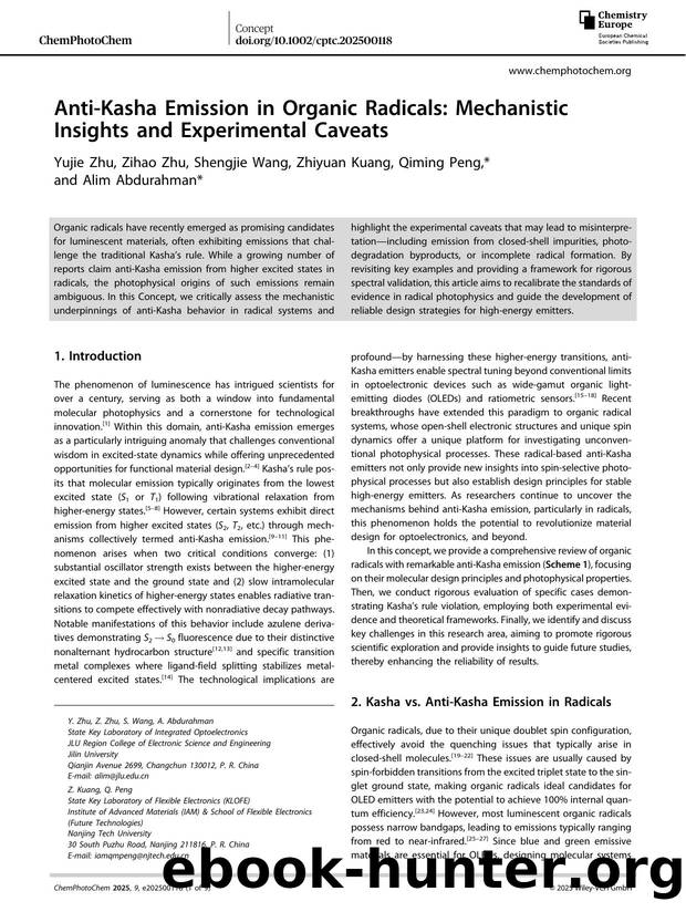 AntiâKasha Emission in Organic Radicals: Mechanistic Insights and Experimental Caveats by Yujie Zhu & Zihao Zhu & Shengjie Wang & Zhiyuan Kuang & Qiming Peng & Alim Abdurahman