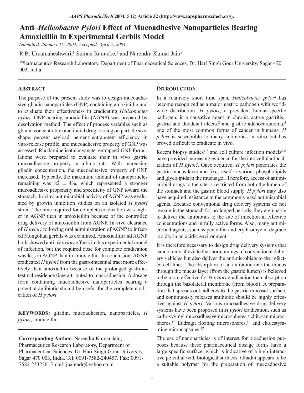 Anti- <Emphasis Type="Italic">Helicobacter pylori <Emphasis> effect of mucoadhesive nanoparticles bearing amoxicillin in experimental gerbils model by Unknown