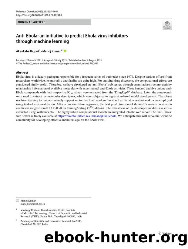Anti-Ebola: an initiative to predict Ebola virus inhibitors through machine learning by Akanksha Rajput & Manoj Kumar