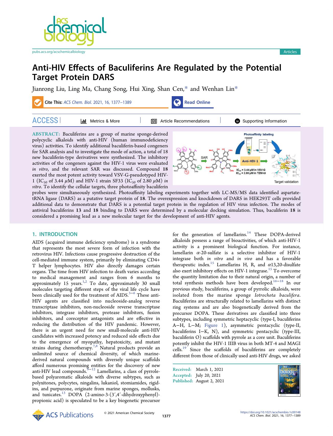 Anti-HIV Effects of Baculiferins Are Regulated by the Potential Target Protein DARS by Jianrong Liu Ling Ma Chang Song Hui Xing Shan Cen and Wenhan Lin