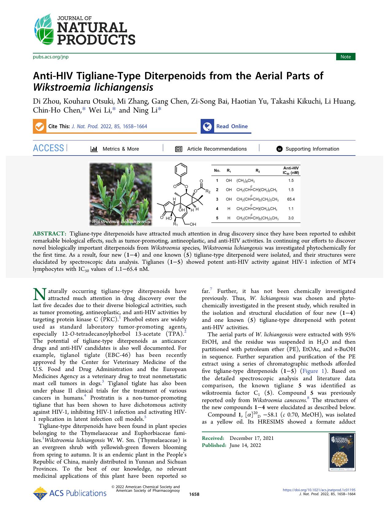 Anti-HIV Tigliane-Type Diterpenoids from the Aerial Parts of Wikstroemia lichiangensis by unknow