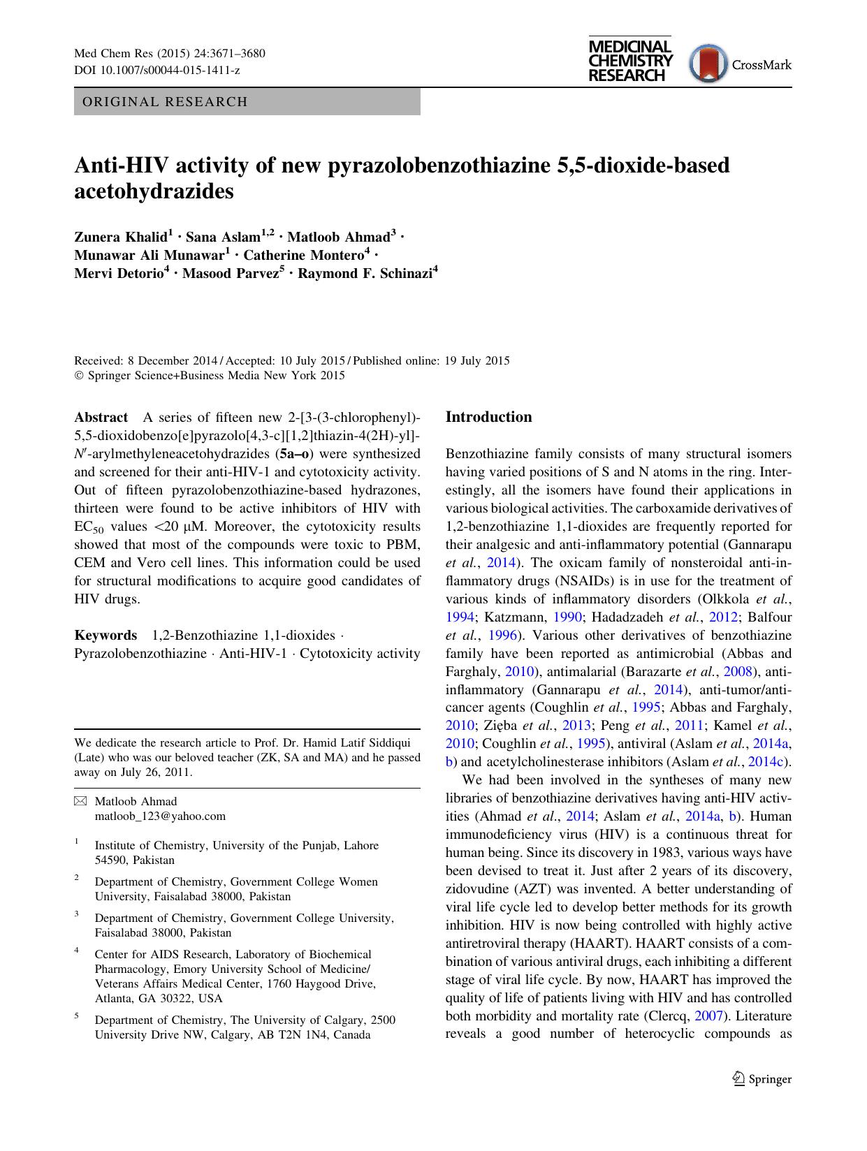 Anti-HIV activity of new pyrazolobenzothiazine 5,5-dioxide-based acetohydrazides by unknow