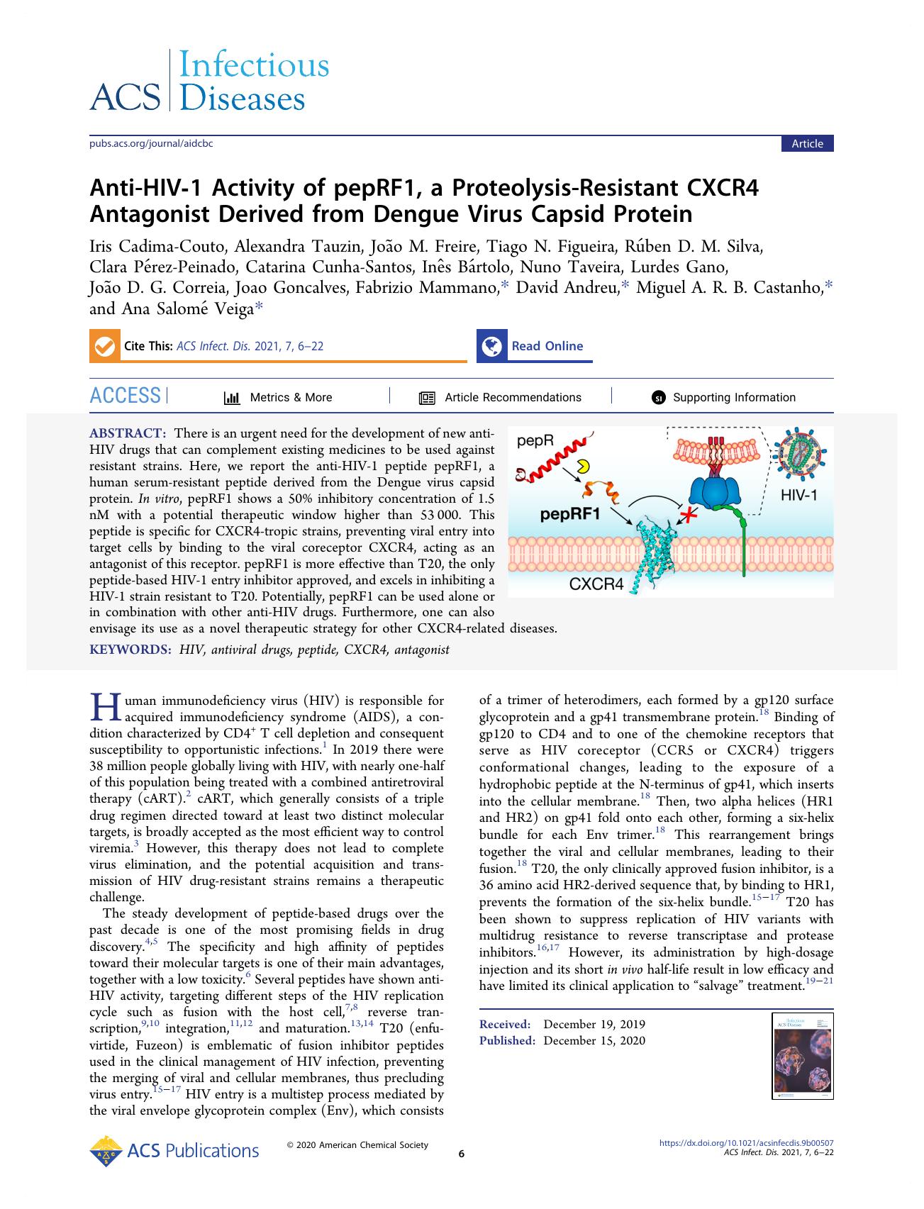 Anti-HIV-1 Activity of pepRF1, a Proteolysis-Resistant CXCR4 Antagonist Derived from Dengue Virus Capsid Protein by unknow
