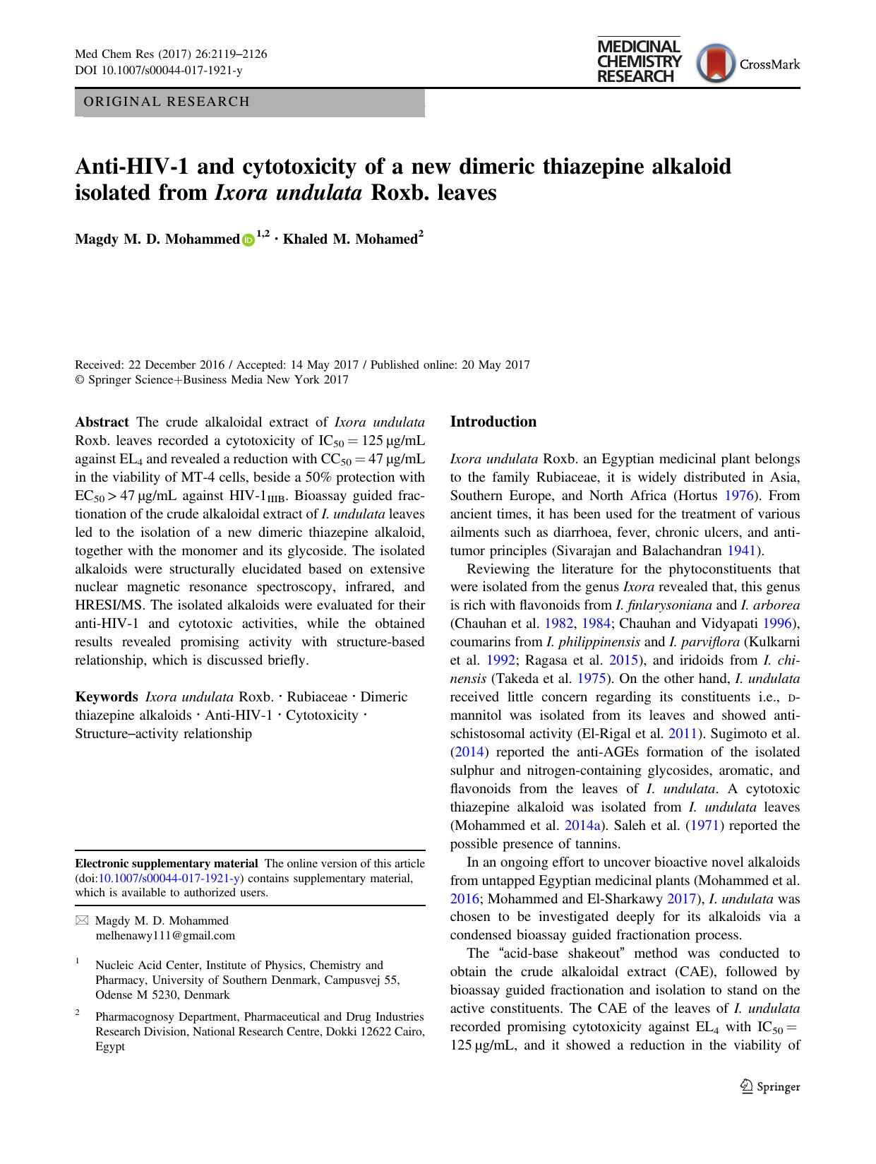 Anti-HIV-1 and cytotoxicity of a new dimeric thiazepine alkaloid isolated from Ixora undulata Roxb. leaves by Magdy M. D. Mohammed & Khaled M. Mohamed