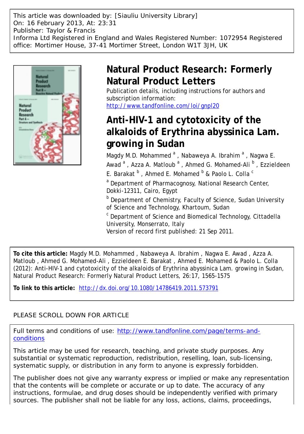 Anti-HIV-1 and cytotoxicity of the alkaloids of Erythrina abyssinica Lam. growing in Sudan by unknow