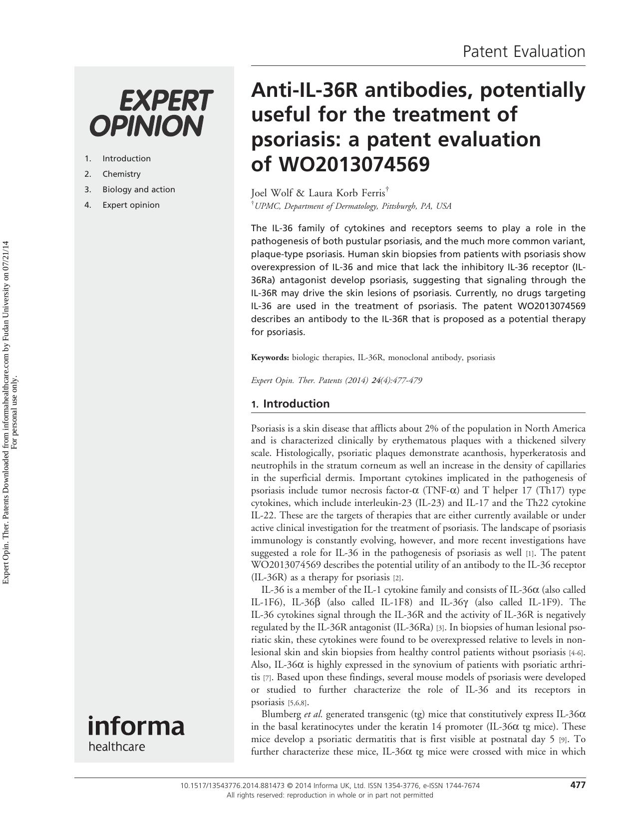 Anti-IL-36R antibodies, potentially useful for the treatment of psoriasis: a patent evaluation of WO2013074569 by Joel Wolf Laura Korb Ferris