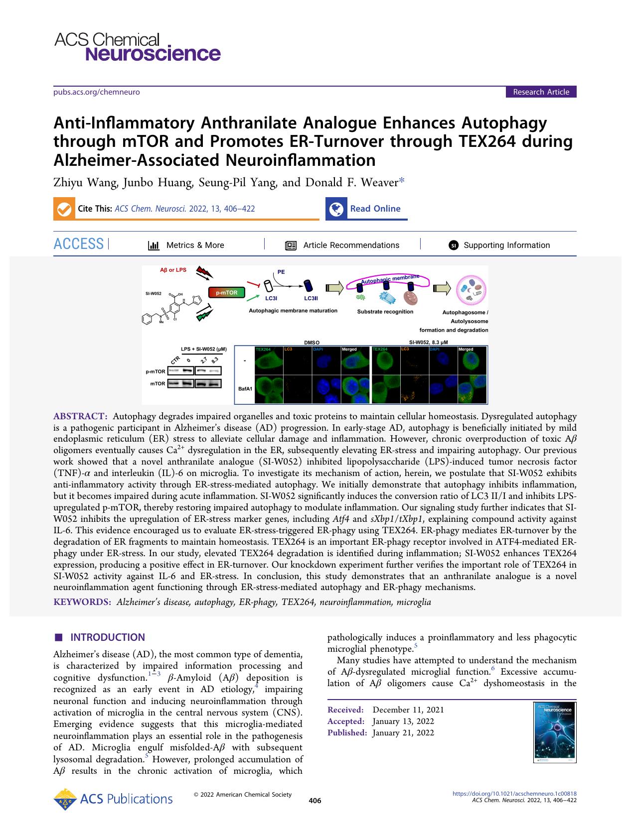 Anti-Inflammatory Anthranilate Analogue Enhances Autophagy through mTOR and Promotes ER-Turnover through TEX264 during Alzheimer-Associated Neuroinflammation by Zhiyu Wang Junbo Huang Seung-Pil Yang and Donald F. Weaver