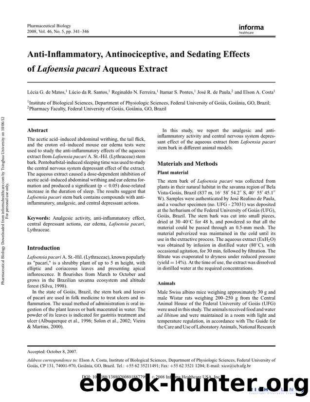Anti-Inflammatory, Antinociceptive, and Sedating Effects of Lafoensia pacari. Aqueous Extract by unknow