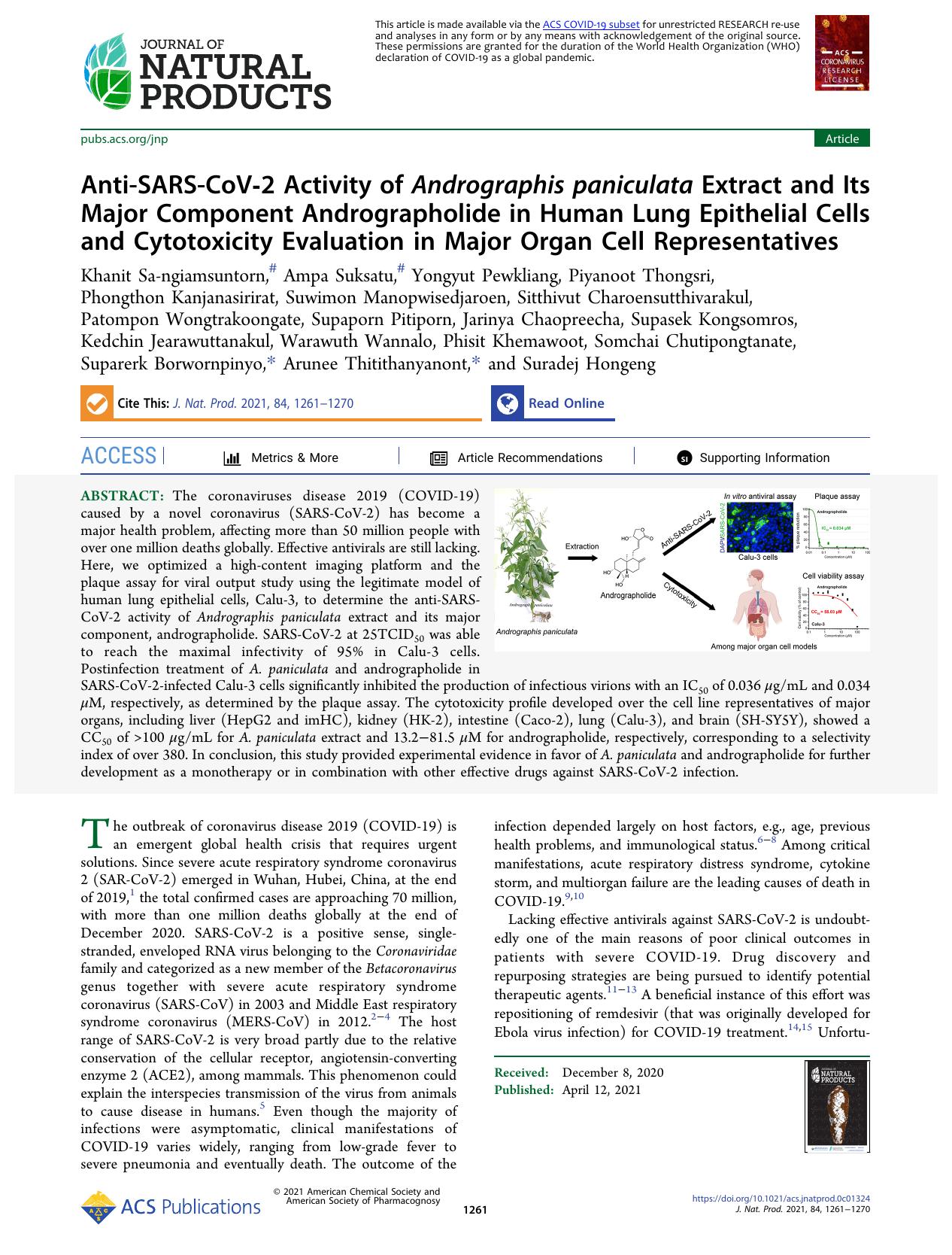 Anti-SARS-CoV-2 Activity of Andrographis paniculata Extract and Its Major Component Andrographolide in Human Lung Epithelial Cells and Cytotoxicity Evaluation in Major Organ Cell Representatives by unknow