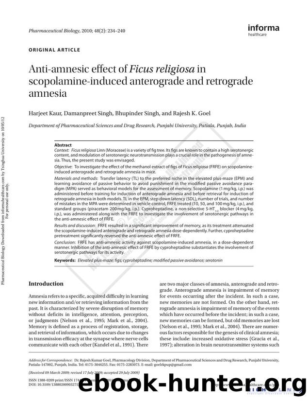 Anti-amnesic effect of Ficus religiosa in scopolamine-induced anterograde and retrograde amnesia by Harjeet Kaur Damanpreet Singh Bhupinder Singh & Rajesh K. Goel