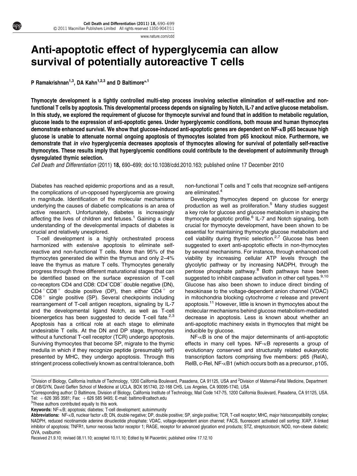 Anti-apoptotic effect of hyperglycemia can allow survival of potentially autoreactive T cells by P Ramakrishnan & D A Kahn & D Baltimore