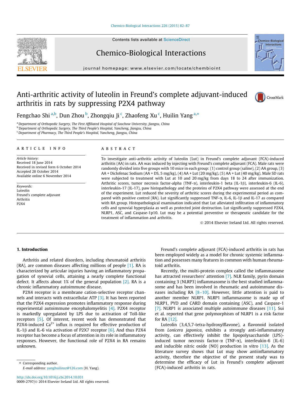 Anti-arthritic activity of luteolin in FreundÃ¢â¬â¢s complete adjuvant-induced arthritis in rats by suppressing P2X4 pathway by Fengchao Shi & Dun Zhou & Zhongqiu Ji & Zhaofeng Xu & Huilin Yang