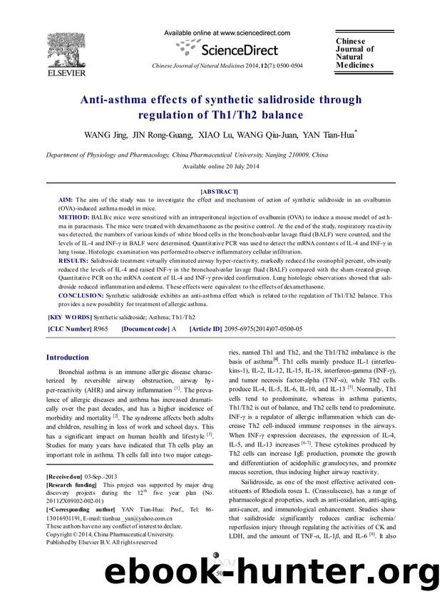 Anti-asthma effects of synthetic salidroside through regulation of Th1Th2 balance by Jing WANG & Rong-Guang JIN & Lu XIAO & Qiu-Juan WANG & Tian-Hua YAN