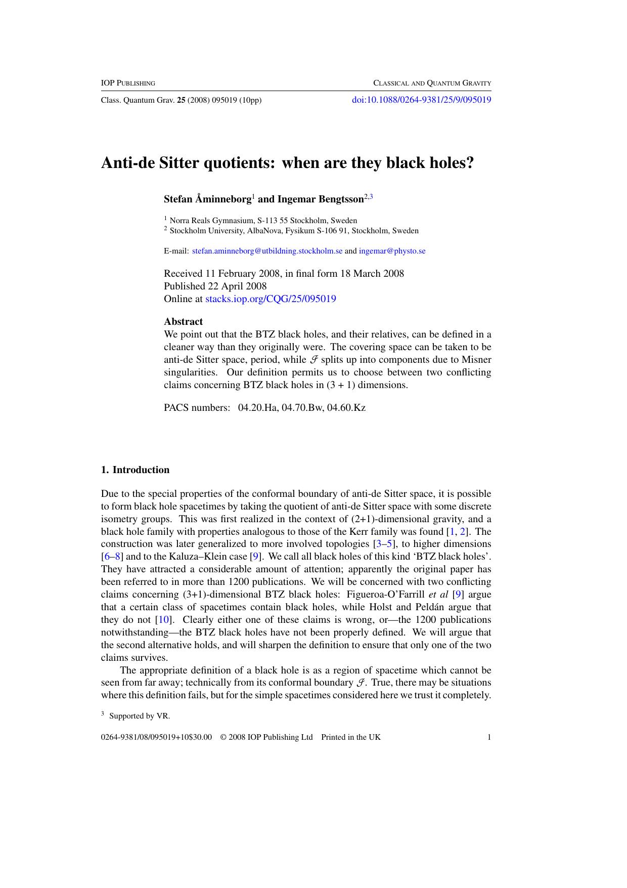Anti-de Sitter quotients: when are they black holes? by S minneborg and I Bengtsson