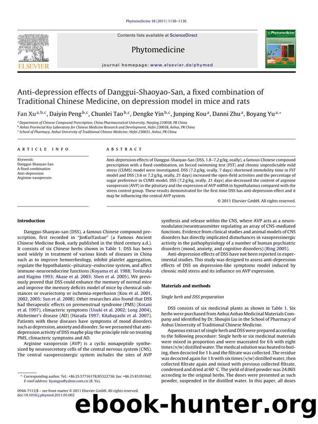 Anti-depression effects of Danggui-Shaoyao-San, a fixed combination of Traditional Chinese Medicine, on depression model in mice and rats by Fan Xu