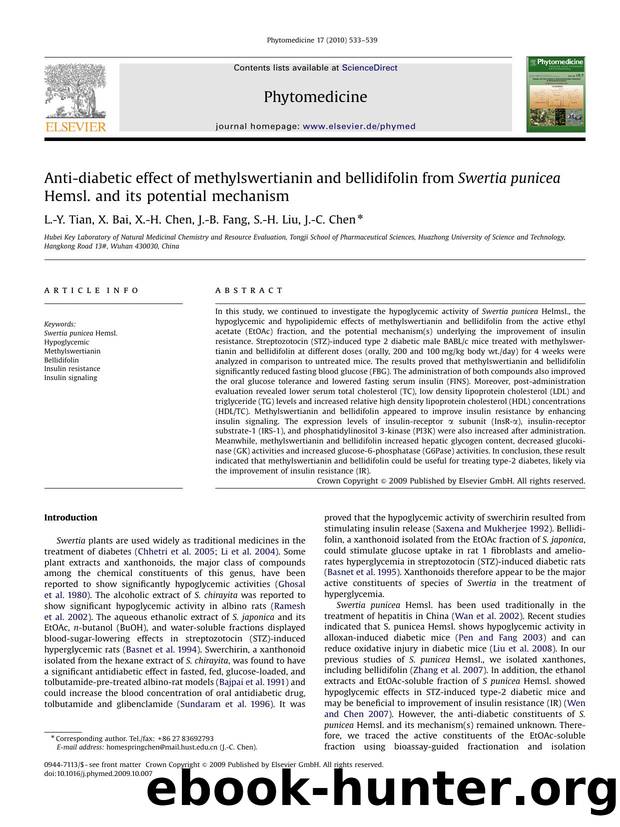 Anti-diabetic effect of methylswertianin and bellidifolin from Swertia punicea Hemsl. and its potential mechanism by L.-Y. Tian; X. Bai; X.-H. Chen; J.-B. Fang; S.-H. Liu; J.-C. Chen