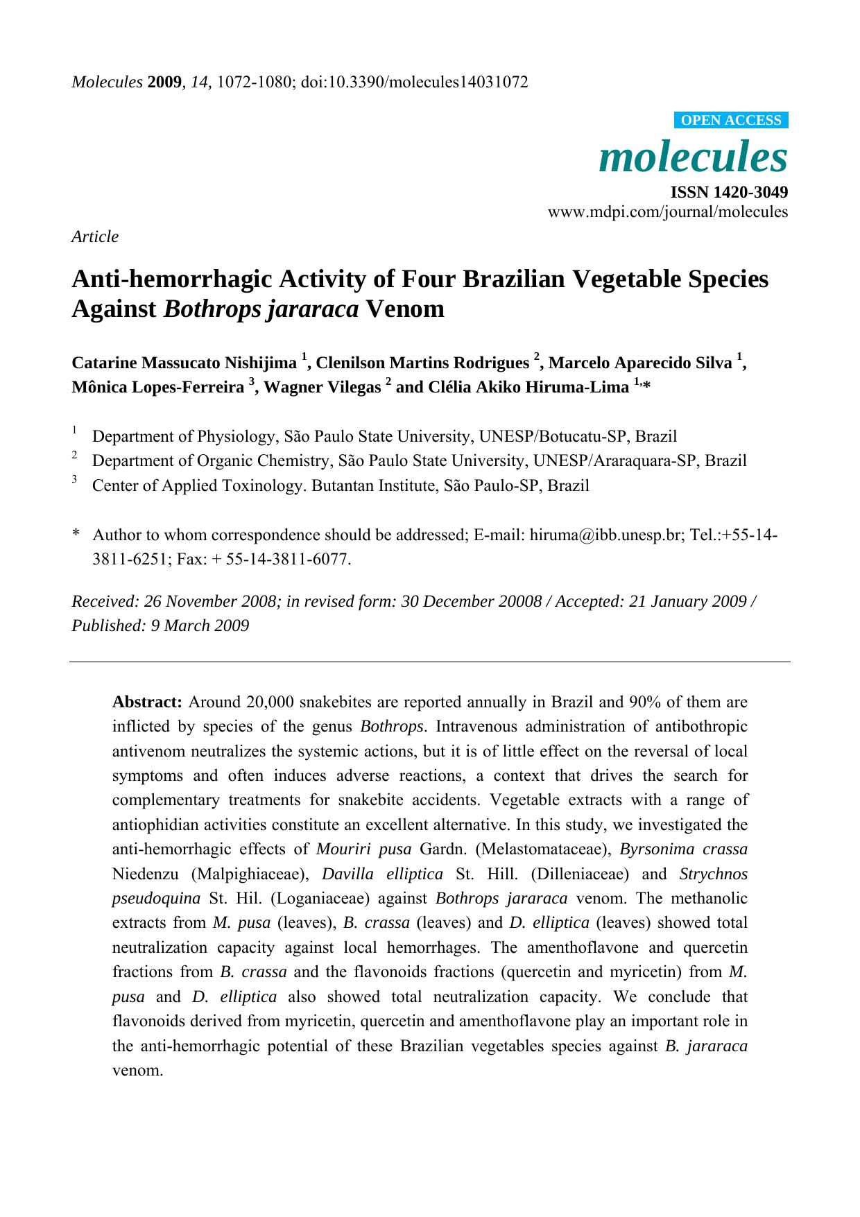 Anti-hemorrhagic Activity of Four Brazilian Vegetable Species Against Bothrops jararaca Venom by unknow