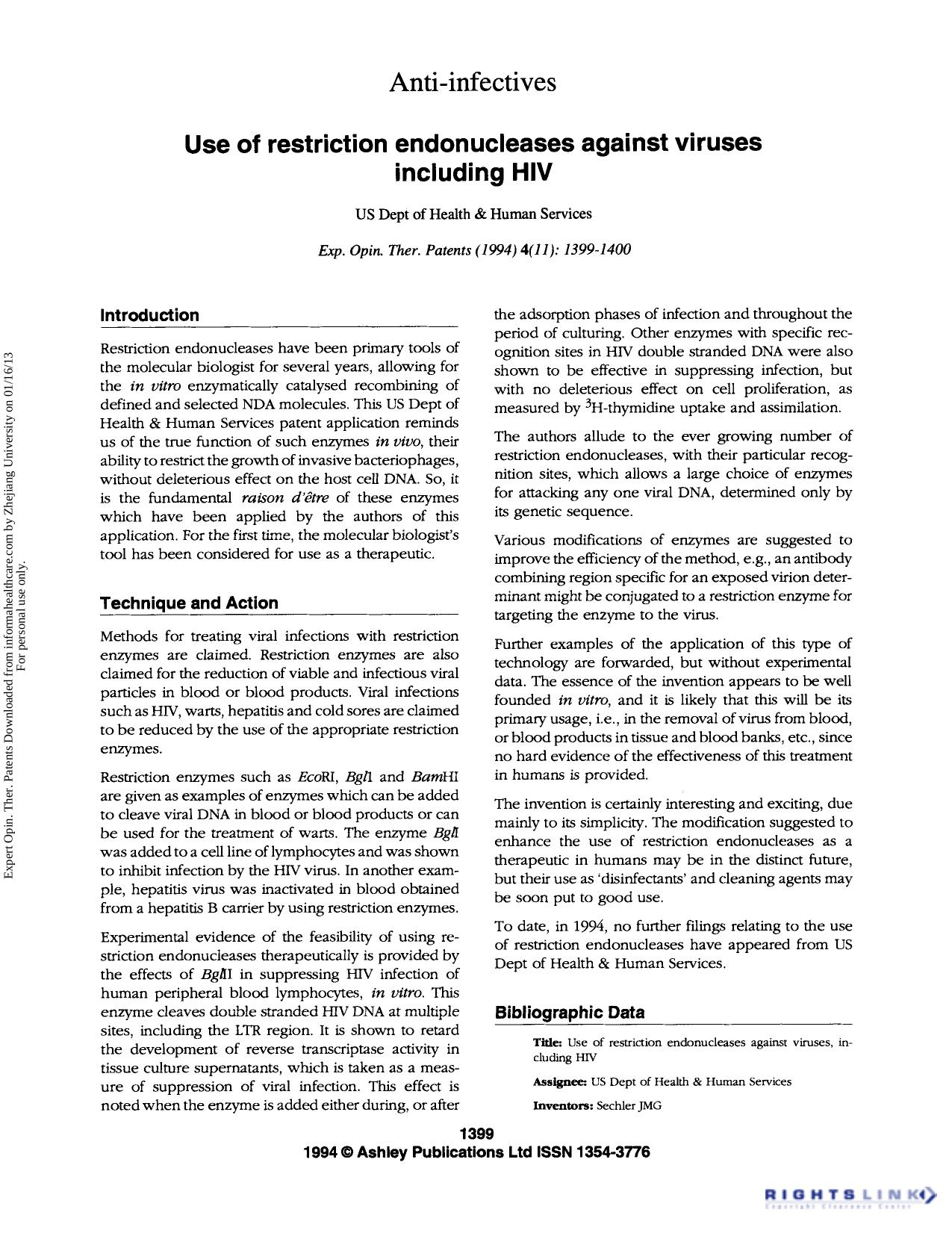 Anti-infectives: US Dept of Health & Human Services: Use of restriction endonucleases against viruses including HIV by Unknown