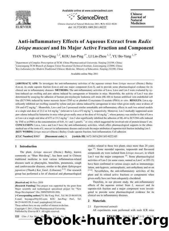 Anti-inflammatory Effects of Aqueous Extract from Radix Liriope muscari and Its Major Active Fraction and Component by You-Qing TIAN & Jun-Ping KOU & Lin-Zhou LI & Bo-Yang YU