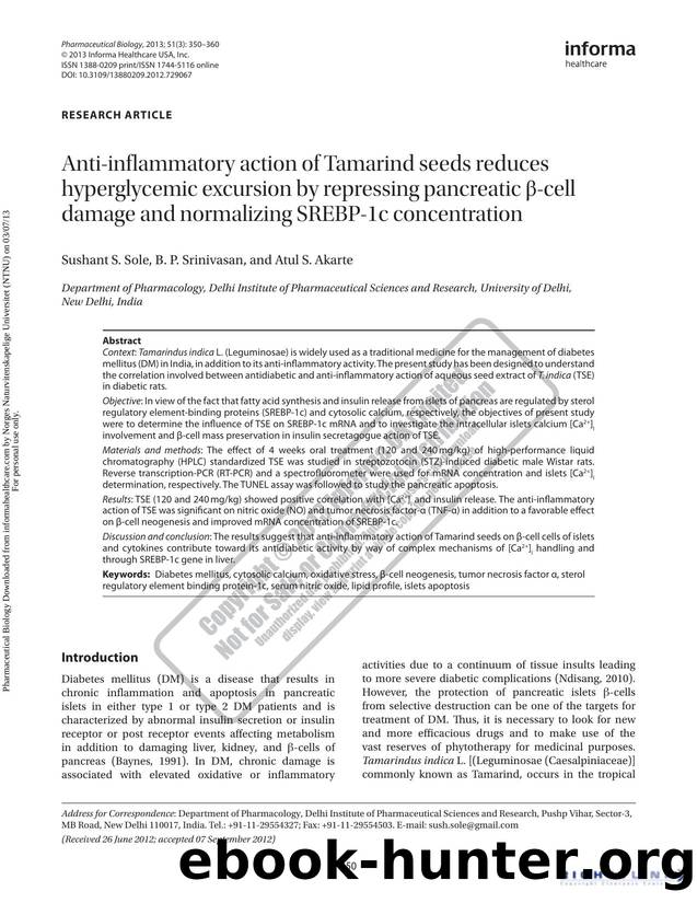 Anti-inflammatory action of Tamarind seeds reduces hyperglycemic excursion by repressing pancreatic Î²-cell damage and normalizing SREBP-1c concentration by Sushant S. Sole B. P. Srinivasan & Atul S. Akarte
