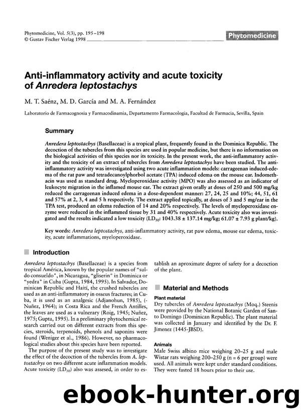 Anti-inflammatory activity and acute toxicity of Anredera leptostachys by M.T. Saénz & M.D. García & M.A. Fernández