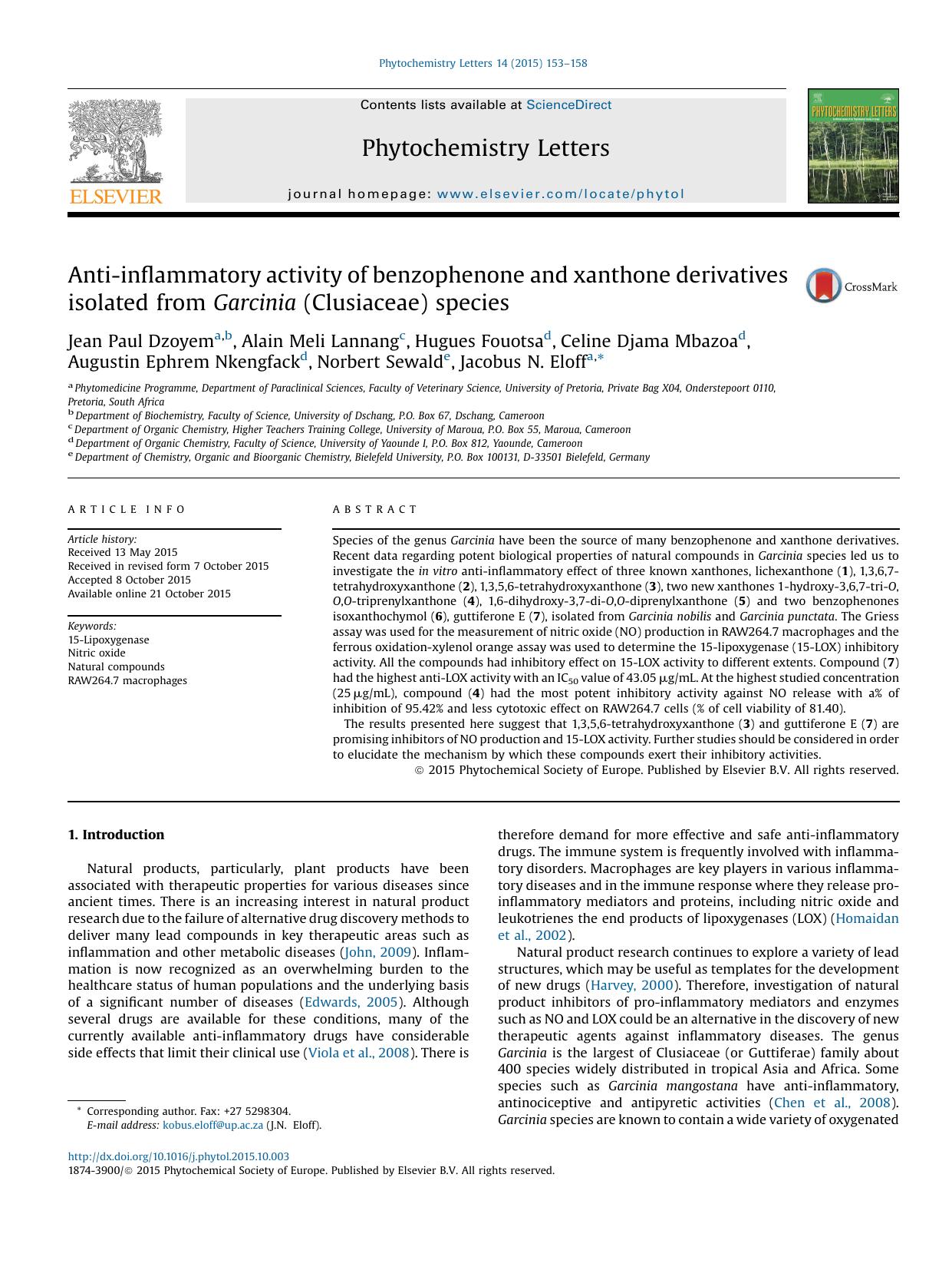Anti-inflammatory activity of benzophenone and xanthone derivatives isolated from Garcinia (Clusiaceae) species by unknow