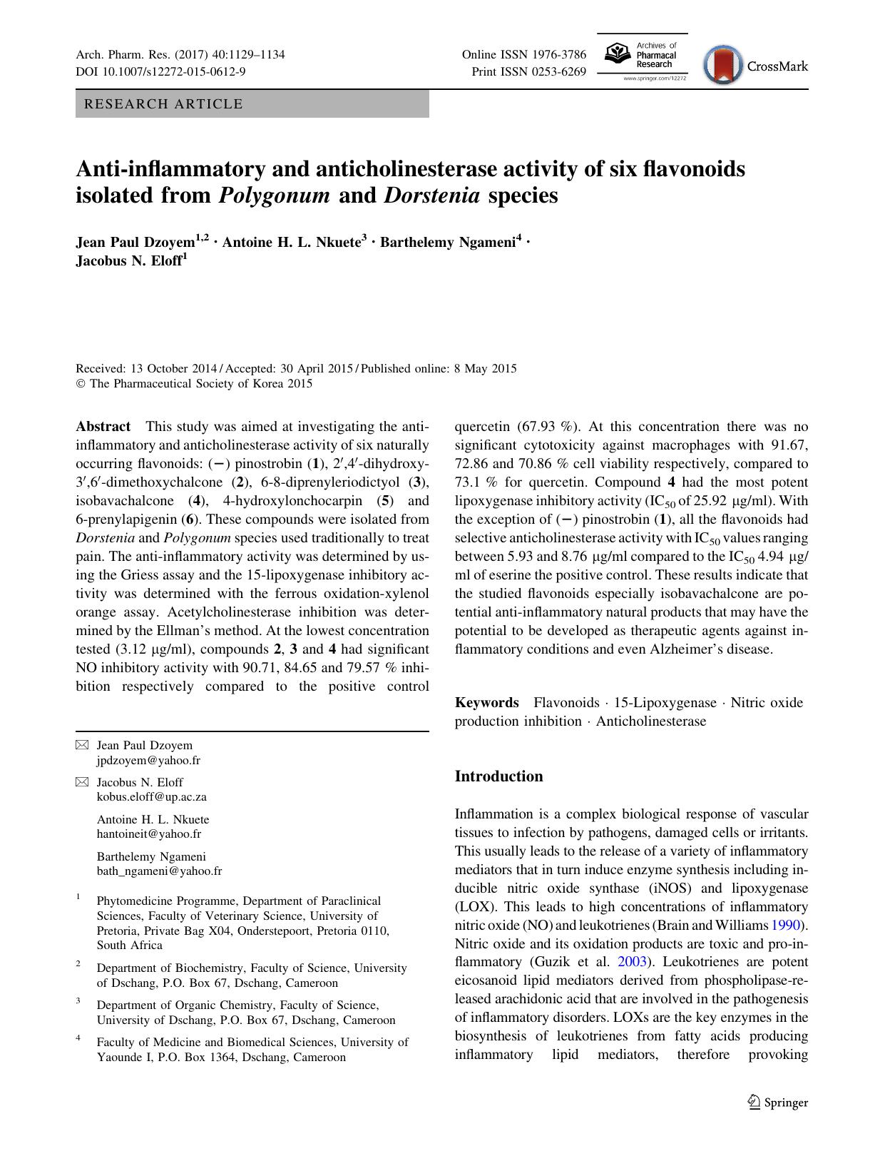 Anti-inflammatory and anticholinesterase activity of six flavonoids isolated from Polygonum and Dorstenia species by Jean Paul Dzoyem & Antoine H. L. Nkuete & Barthelemy Ngameni & Jacobus N. Eloff