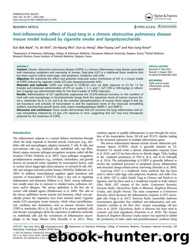 Anti-inflammatory effect of Gyeji-tang in a chronic obstructive pulmonary disease mouse model induced by cigarette smoke and lipopolysaccharide by Baek Eun Bok & Kim Yu Jin & Rho Jin-Hyung & Hong Eun-Ju & Lee Mee-Young & Kwun Hyo-Jung