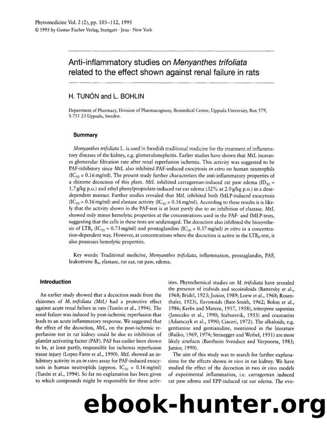 Anti-inflammatory studies on Menyanthes trifoliata related to the effect shown against renal failure in rats by H. Tunón & L. Bohlin