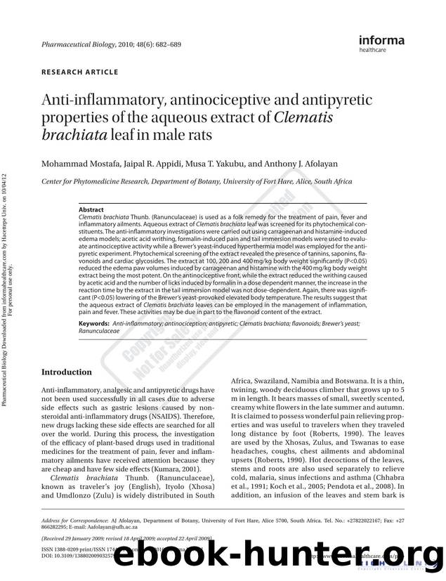 Anti-inflammatory, antinociceptive and antipyretic properties of the aqueous extract of Clematis brachiata leaf in male rats by Mohammad Mostafa Jaipal R. Appidi Musa T. Yakubu & Anthony J. Afolayan