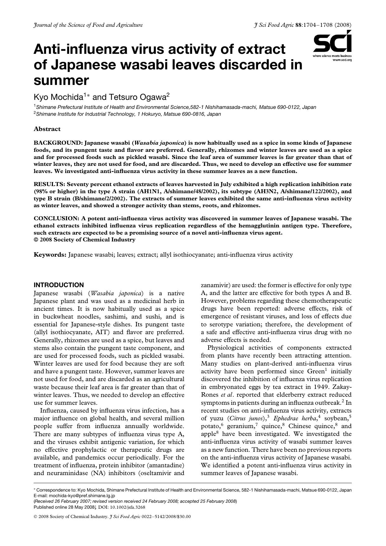 Anti-influenza virus activity of extract of Japanese wasabi leaves discarded in summer by Unknown