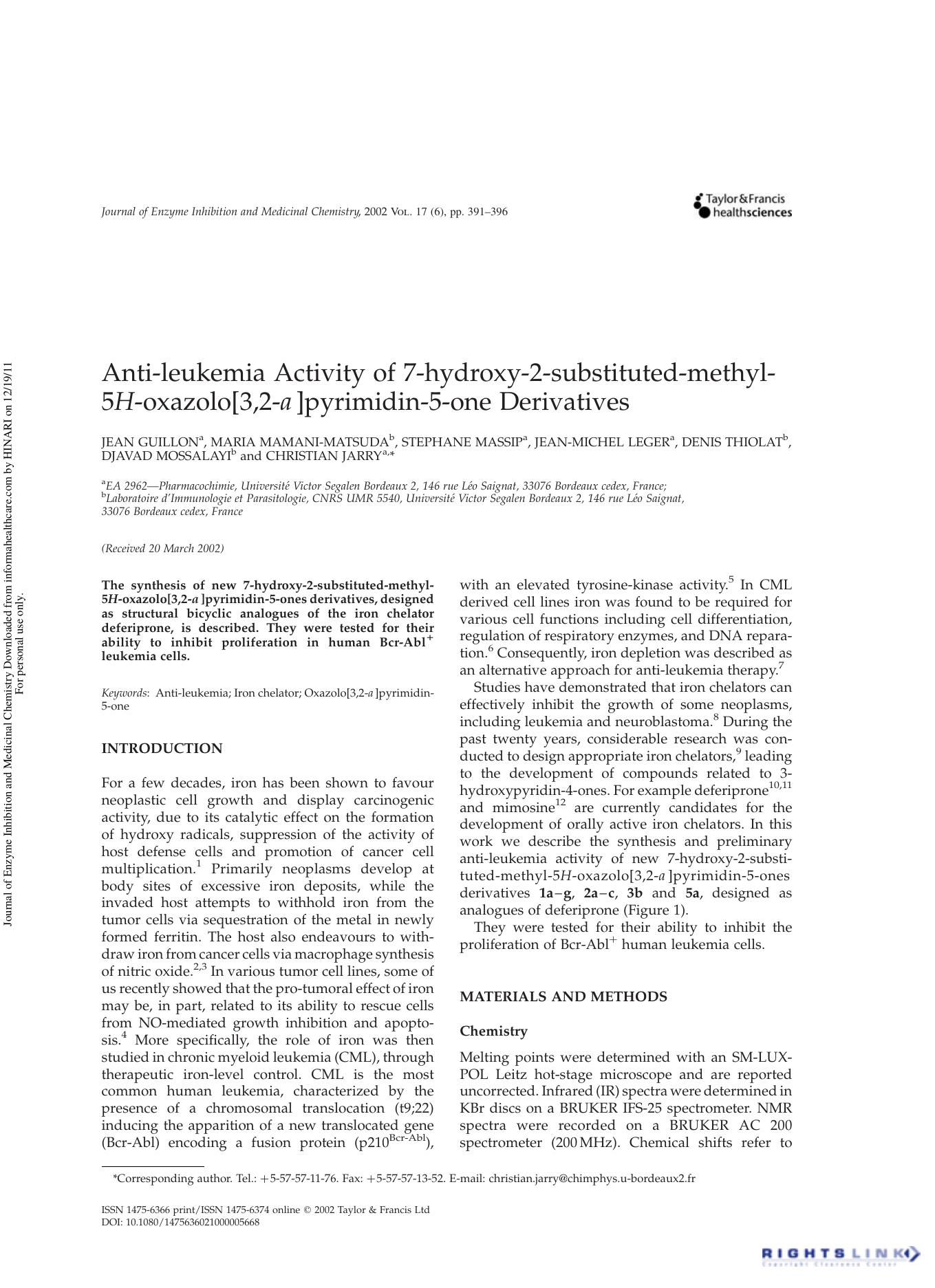 Anti-leukemia Activity of 7-hydroxy-2-substituted-methyl-5 H -oxazolo[3,2- a] pyrimidin-5-one Derivatives by unknow
