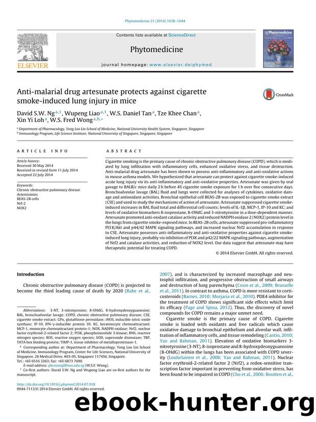 Anti-malarial drug artesunate protects against cigarette smoke-induced lung injury in mice by David S.W. Ng & Wupeng Liao & W.S. Daniel Tan & Tze Khee Chan & Xin Yi Loh & W.S. Fred Wong
